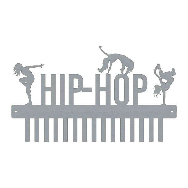 Steel medal holder with the word 'HIP-HOP' and three female dancer silhouettes on top. The bottom has 15 hooks for hanging medals.